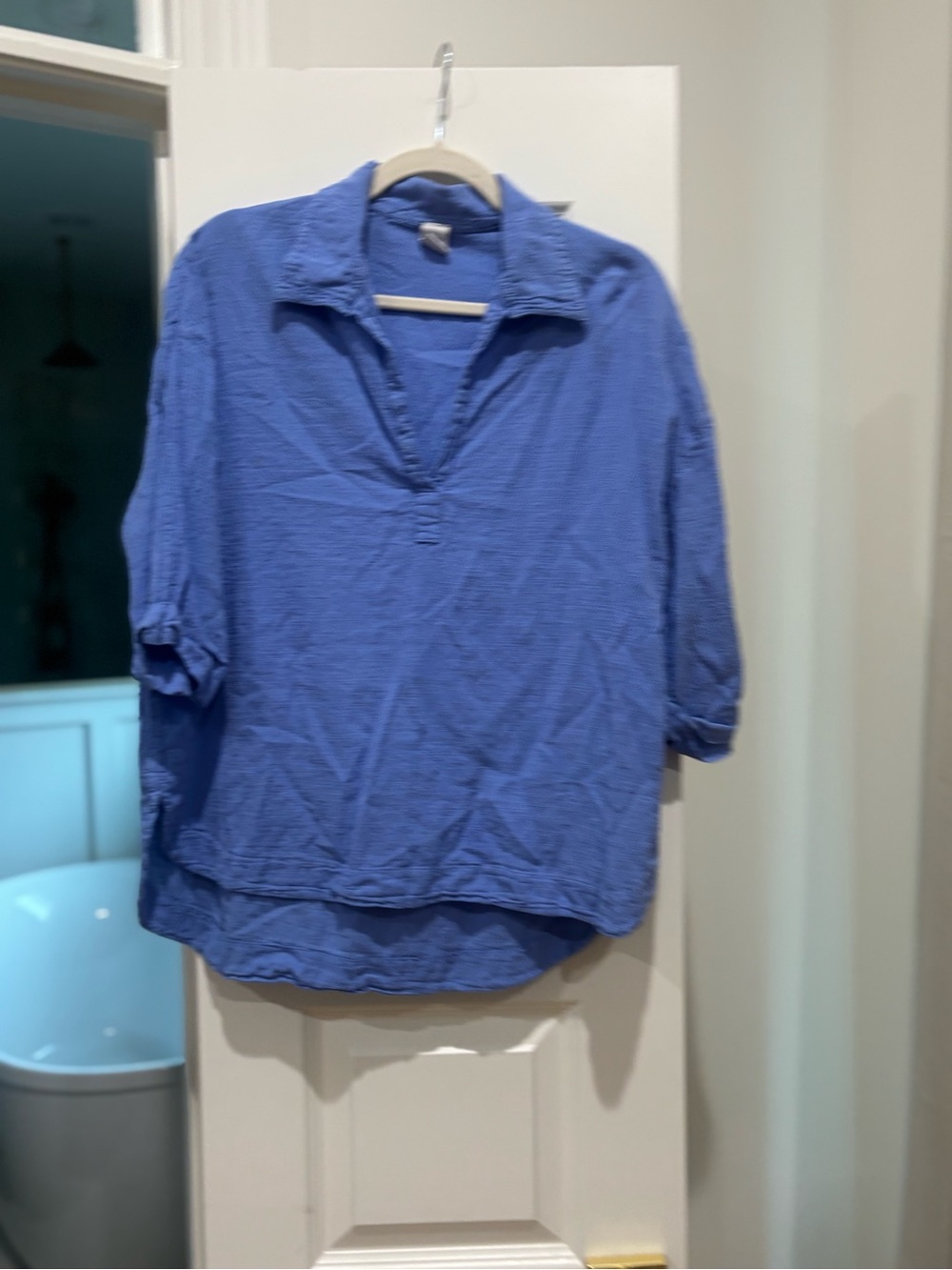 Blue Women's V-Neck Collared Pullover Top